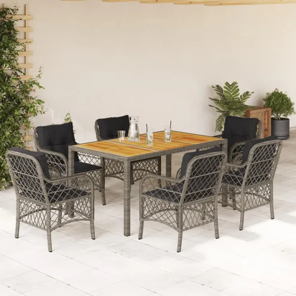 Ensemble à manger de jardin et coussins 7 pcs gris rotin