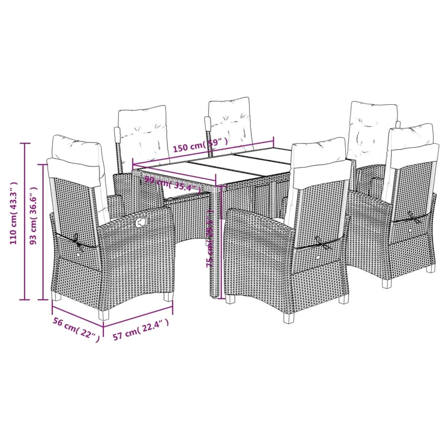 Ensemble à manger de jardin coussins 7pcs Noir Résine tressée - 12