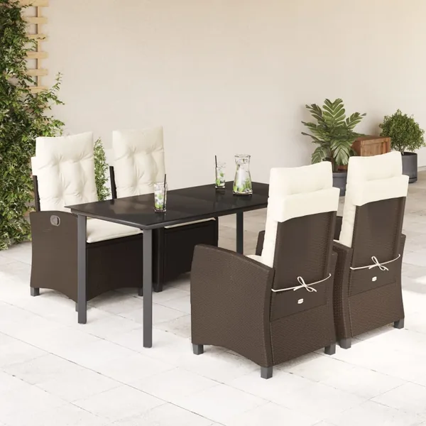 Ensemble à manger de jardin 5 pcs et coussins marron poly rotin