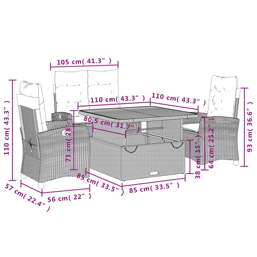 Ensemble à manger jardin 4pcs et coussins Gris Résine tressée - 9