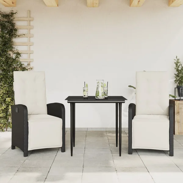 Ensemble de bistro 3 pcs avec coussins noir résine tressée