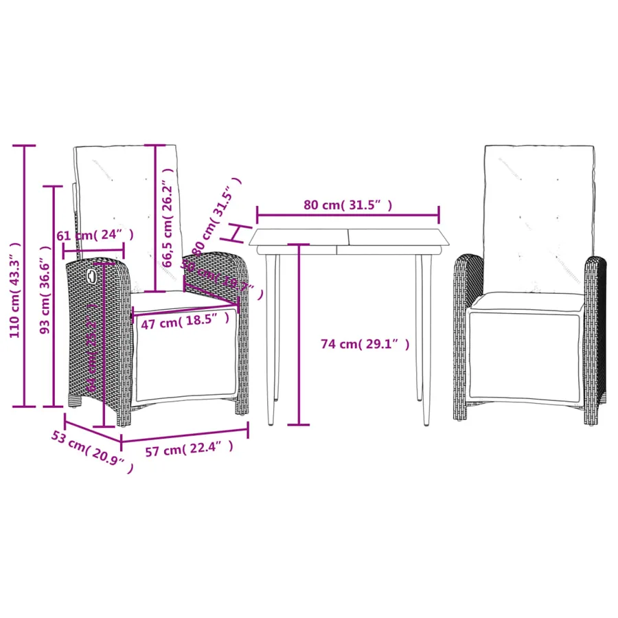Ensemble de bistro 3 pcs avec coussins noir résine tressée - 9