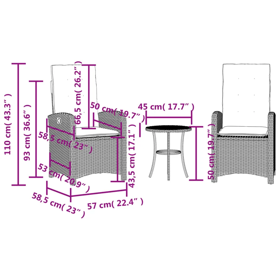 Ensemble de bistro 3 pcs avec coussins noir résine tressée - 15