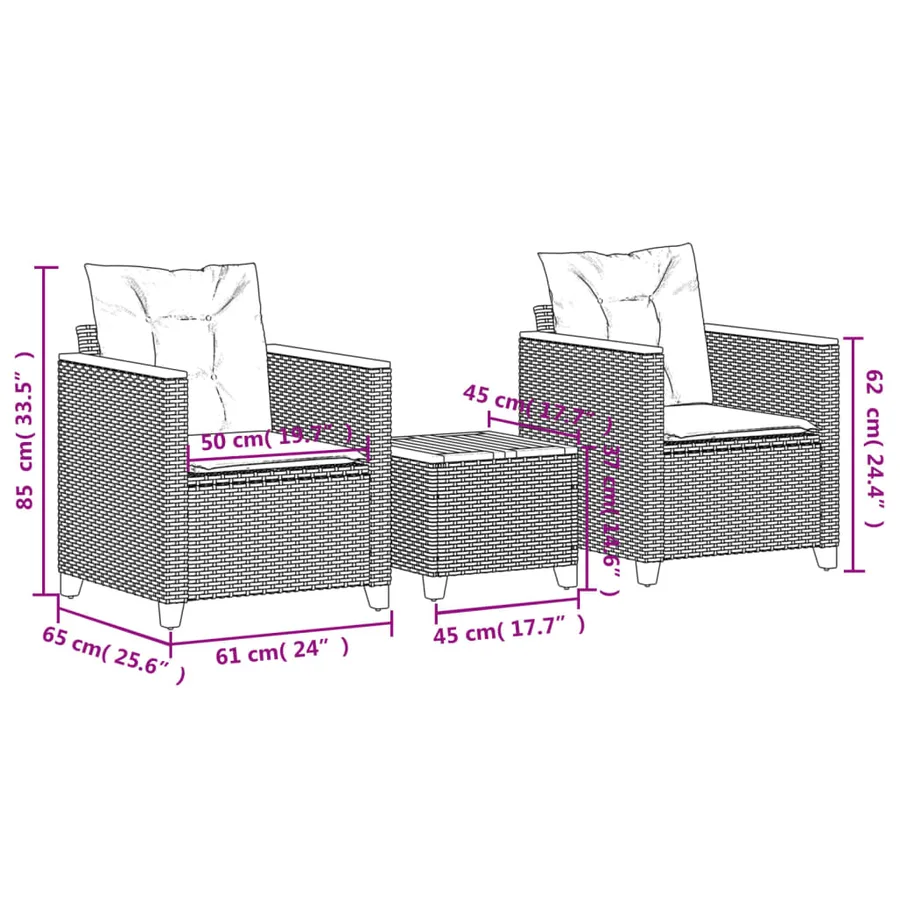 Ensemble de bistro 3 pcs coussins beige résine tressée acacia - 8