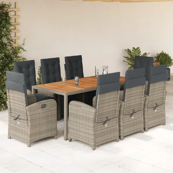 Ensemble à manger de jardin 9 pcs coussins gris résine tressée