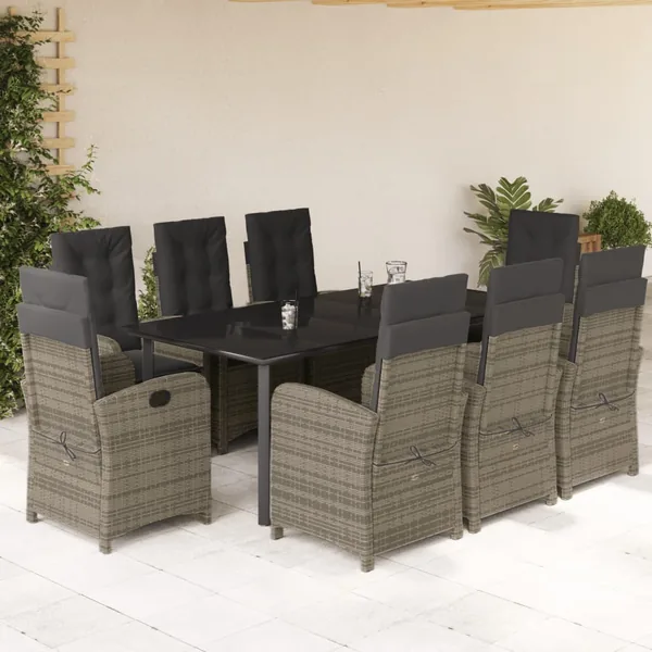 Ensemble à manger de jardin 9 pcs coussins gris résine tressée