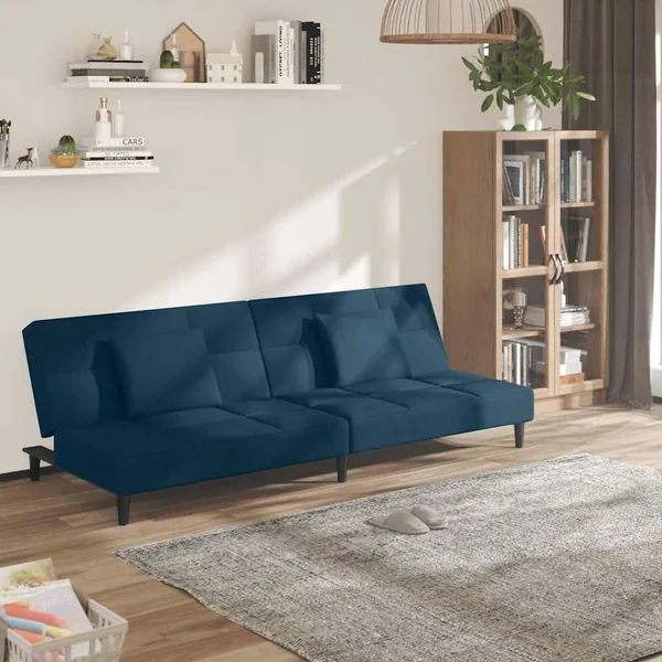 Canapé-lit à 2 places avec deux oreillers bleu velours