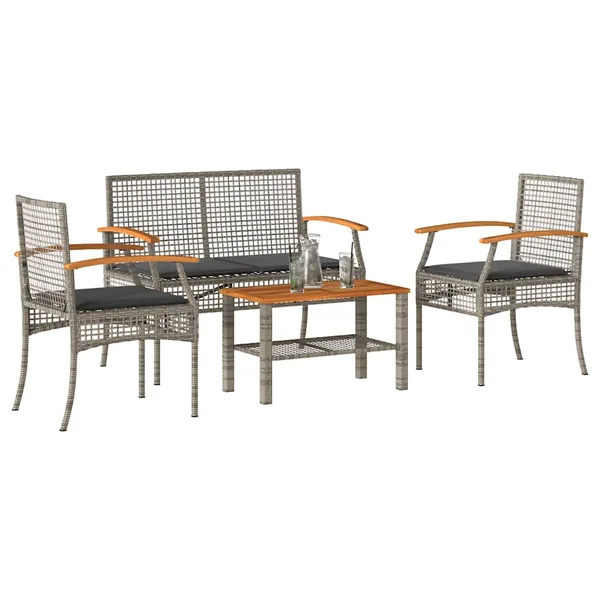 Salon de jardin 4 pcs avec coussins Gris Résine tressée