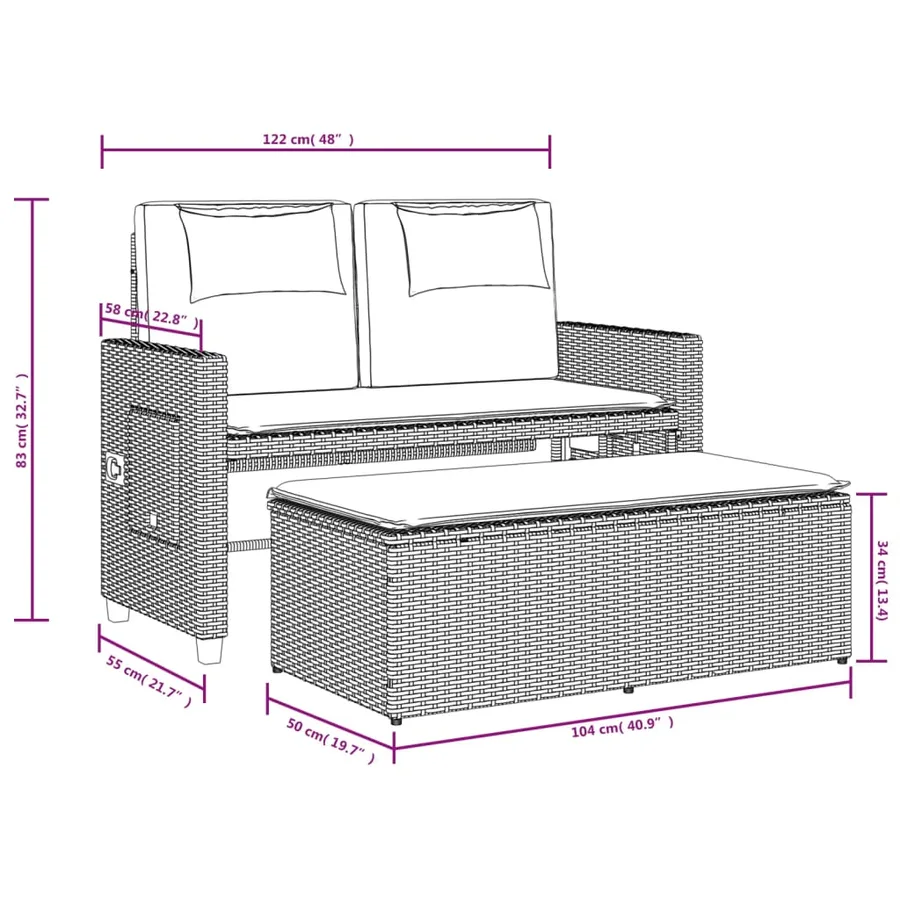 Banc inclinable de jardin avec coussins gris résine tressée - 15