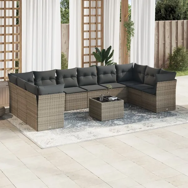 Salon de jardin 11 pcs avec coussins gris résine tressée