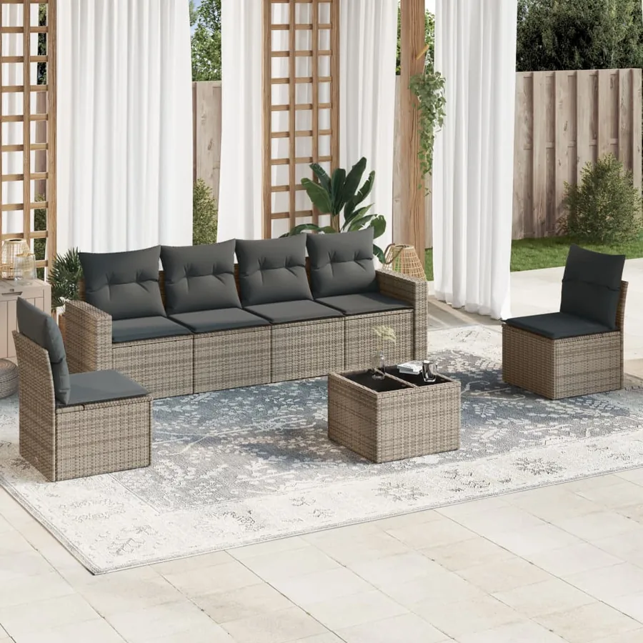 Salon de jardin avec coussins 7 pcs gris résine tressée
