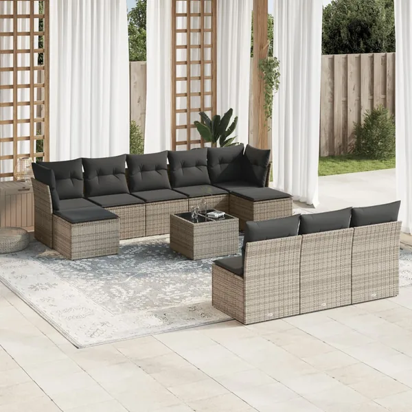 Salon de jardin 11 pcs avec coussins gris résine tressée