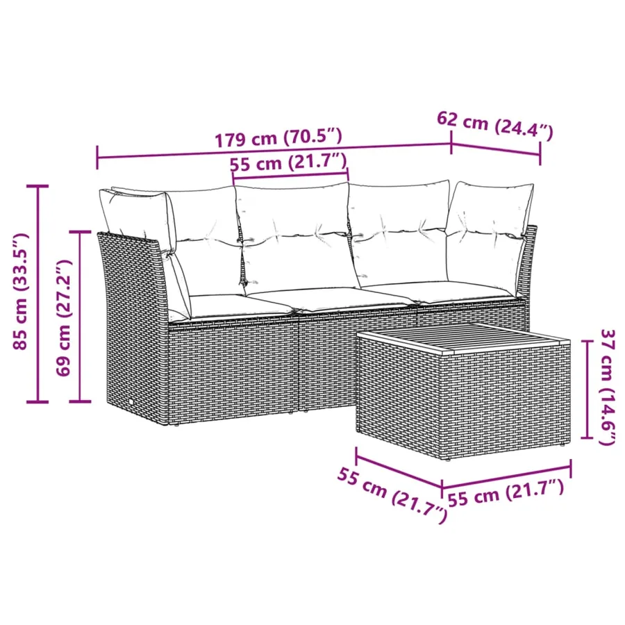 Salon de jardin 4 pcs avec coussins gris résine tressée - 10