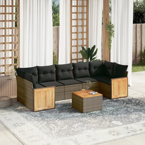 Salon de jardin 8 pcs avec coussins gris résine tressée