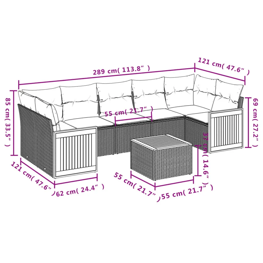 Salon de jardin 8 pcs avec coussins gris résine tressée - 3
