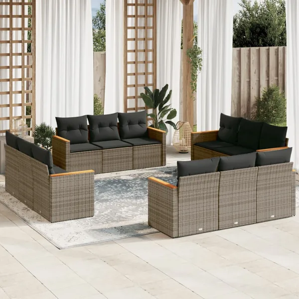 Salon de jardin avec coussins 12 pcs gris résine tressée