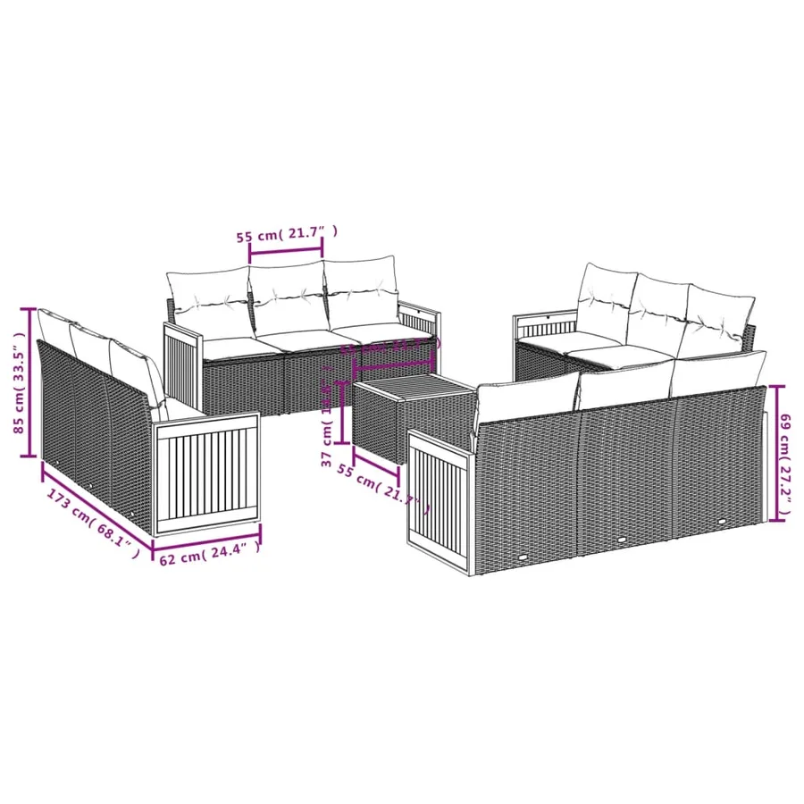 Salon de jardin avec coussins 13 pcs gris résine tressée - 3