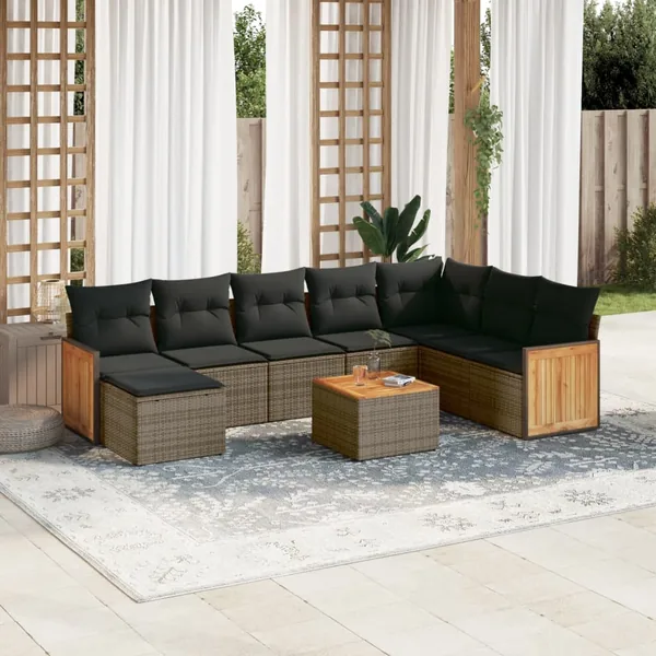 Salon de jardin 9 pcs avec coussins gris résine tressée