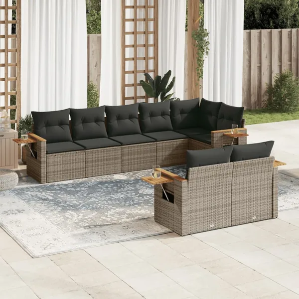 Salon de jardin 8 pcs avec coussins gris résine tressée