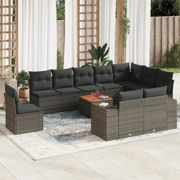Salon de jardin 11 pcs avec coussins gris résine tressée
