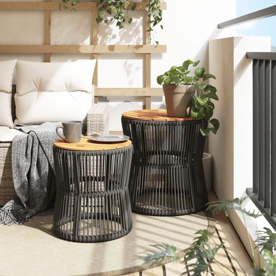 Tables d'appoint de jardin 2 pcs dessus en bois gris poly rotin - 3