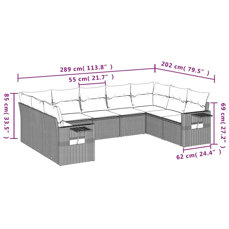 Salon de jardin 9 pcs avec coussins gris résine tressée - 3