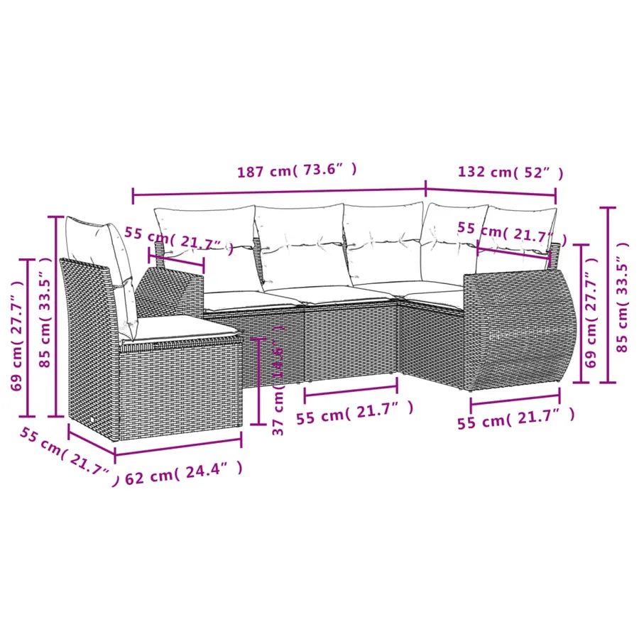 Salon de jardin 5 pcs avec coussins gris résine tressée - 3