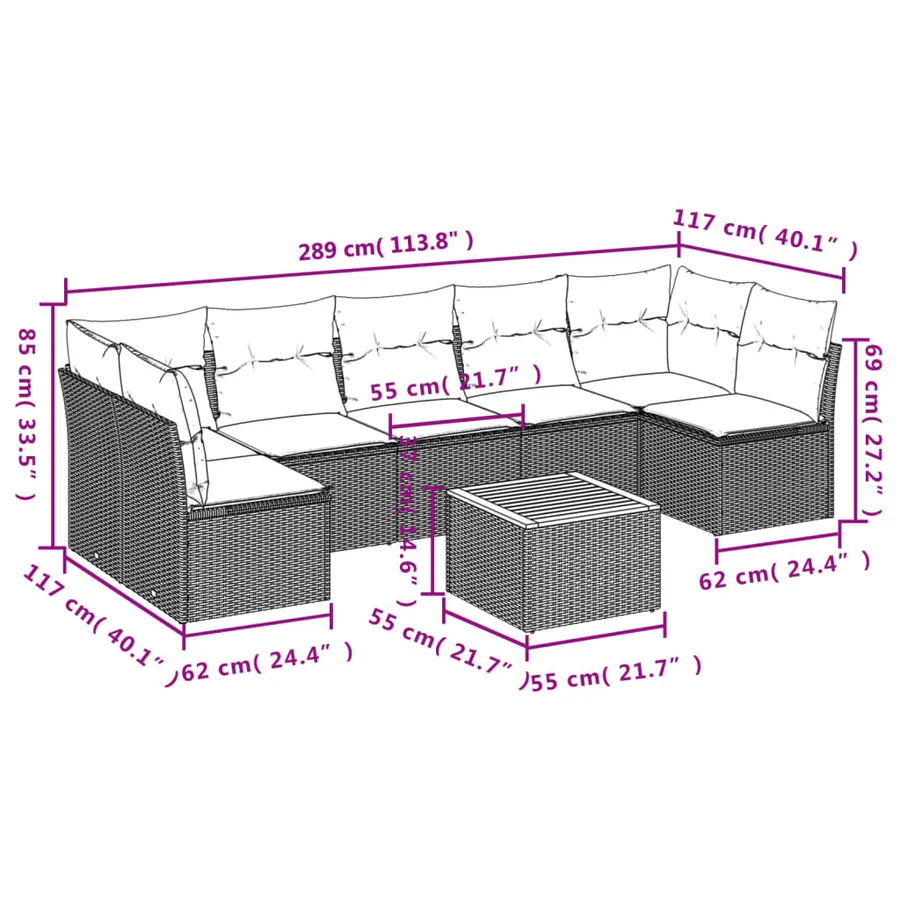 Salon de jardin 8 pcs avec coussins gris résine tressée - 7