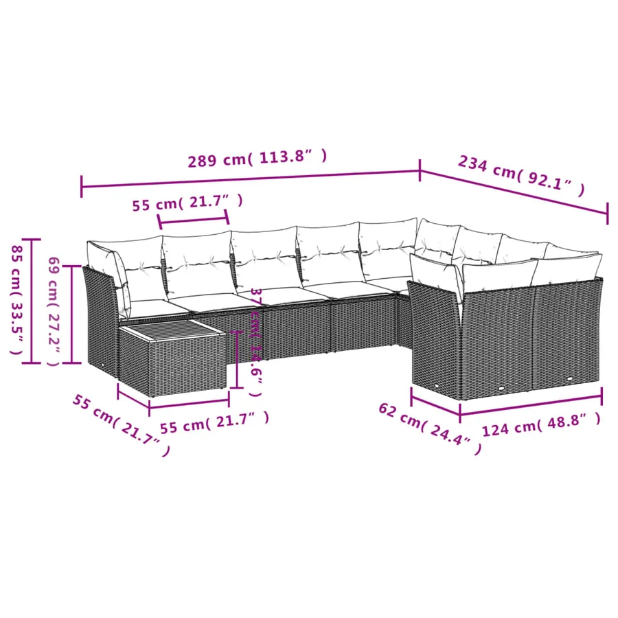 Salon de jardin avec coussins 10 pcs gris résine tressée - 10