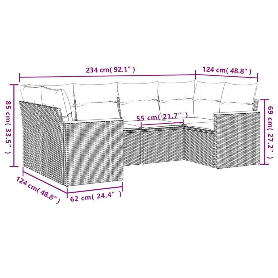 Salon de jardin 6 pcs avec coussins gris résine tressée - 3