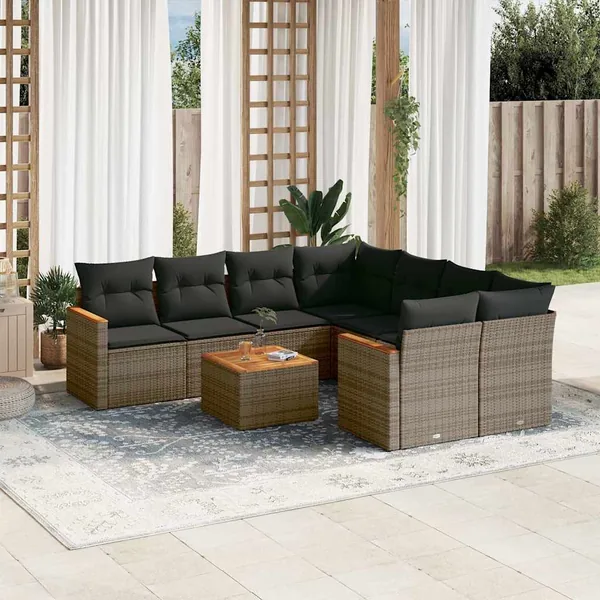 Salon de jardin 9 pcs avec coussins gris résine tressée