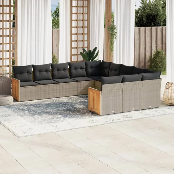 Salon de jardin 11 pcs avec coussins gris résine tressée
