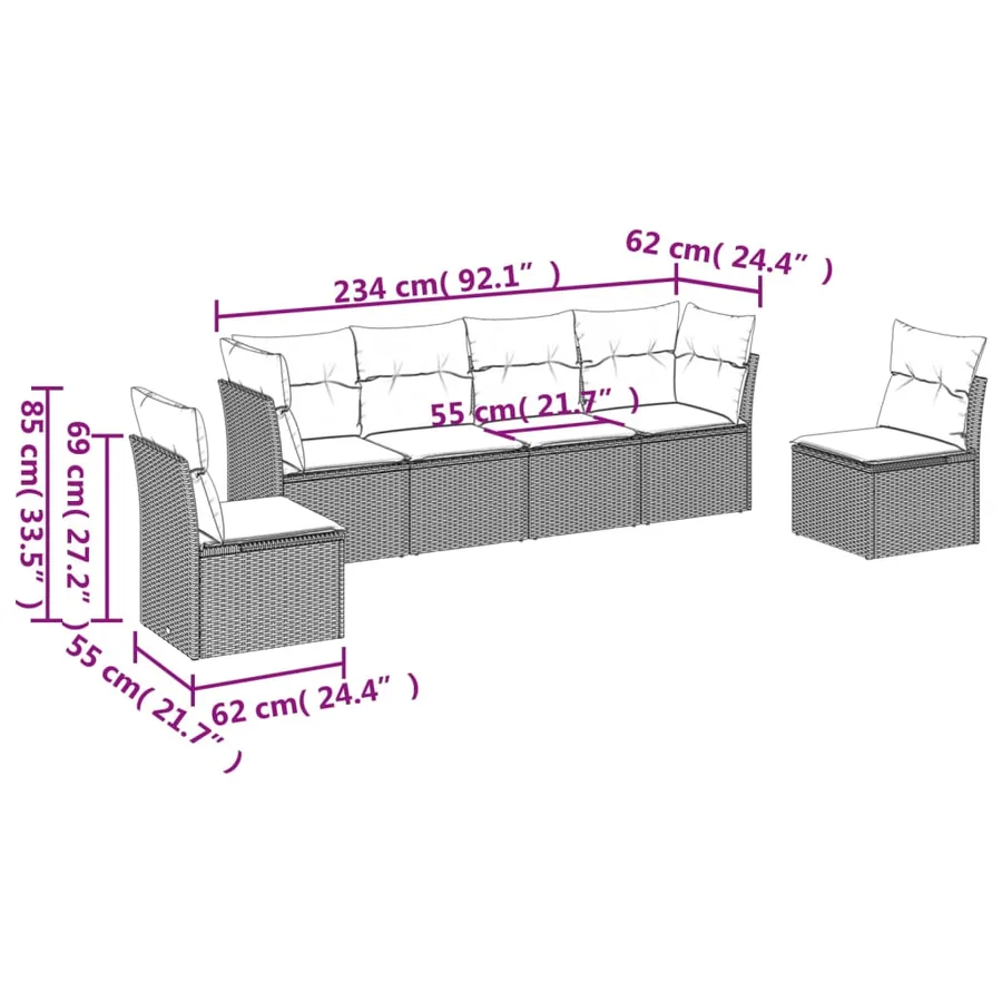 Salon de jardin 6 pcs avec coussins gris résine tressée - 3