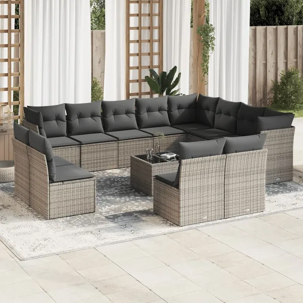 Salon de jardin avec coussins 13 pcs gris résine tressée