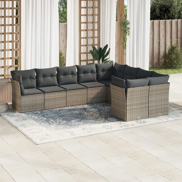Salon de jardin 9 pcs avec coussins gris résine tressée