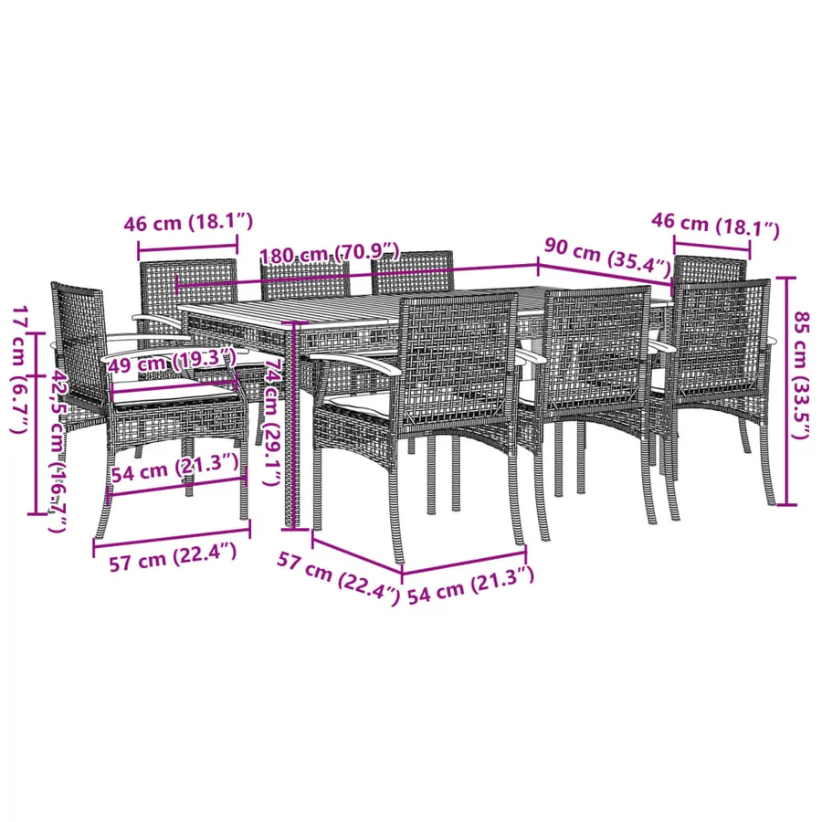 Ensemble à manger de jardin 9pcs coussins noir résine tressée - 9