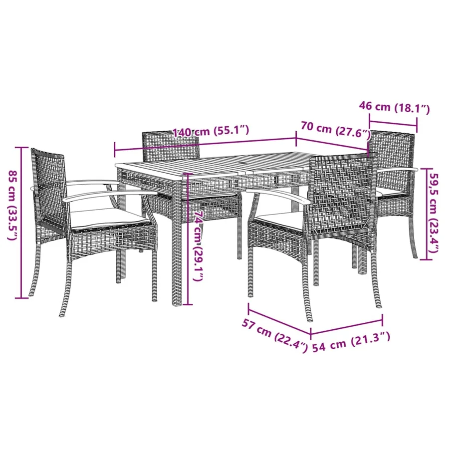 Ensemble à manger de jardin 5 pcs coussins gris résine tressée - 9