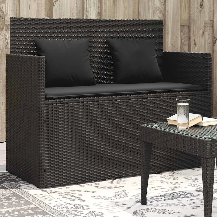 Banc de jardin avec coussins noir résine tressée