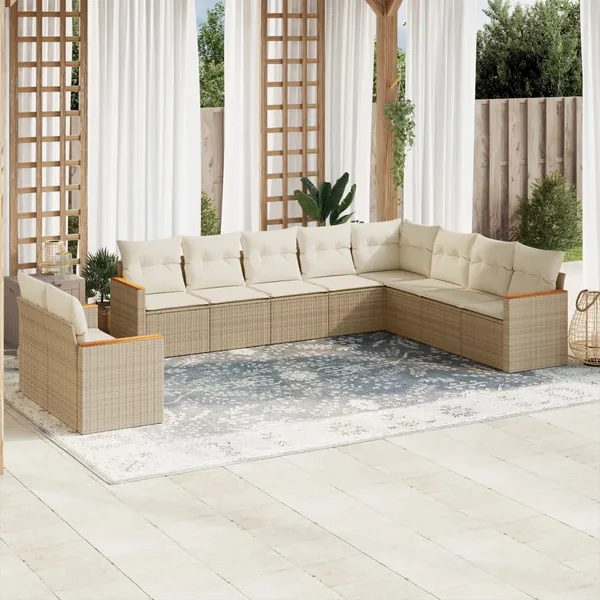 Salon de jardin avec coussins 10 pcs beige résine tressée