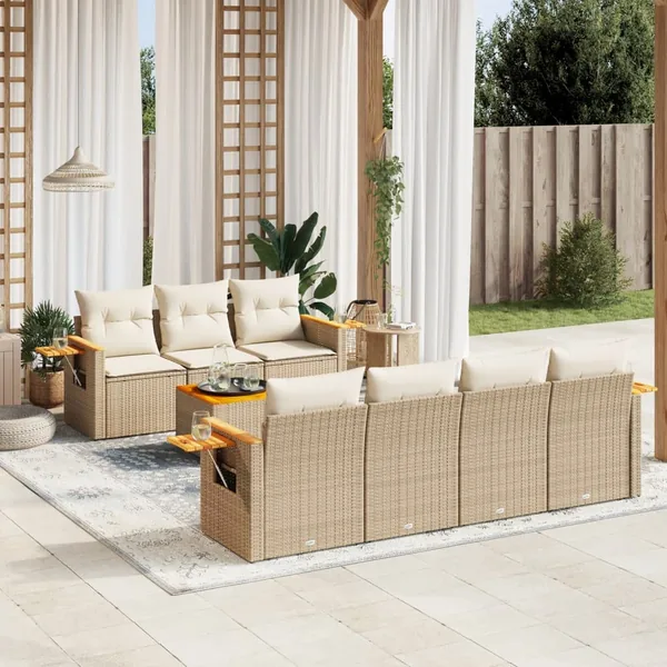 Salon de jardin avec coussins 8 pcs beige résine tressée