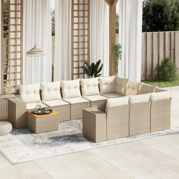 Salon de jardin 11 pcs avec coussins beige résine tressée