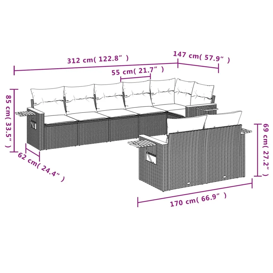 Salon de jardin avec coussins 8 pcs beige résine tressée - 3