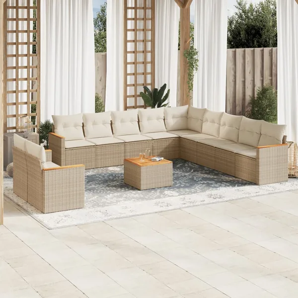 Salon de jardin avec coussins 12 pcs beige résine tressée