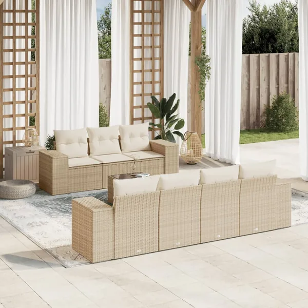 Salon de jardin avec coussins 8 pcs beige résine tressée