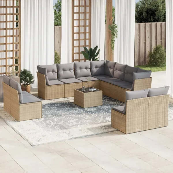 Salon de jardin avec coussins 12 pcs beige résine tressée