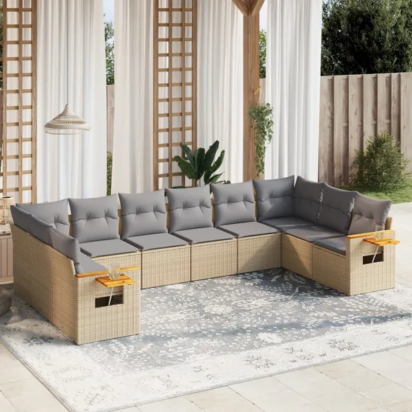 Salon de jardin avec coussins 10 pcs beige résine tressée