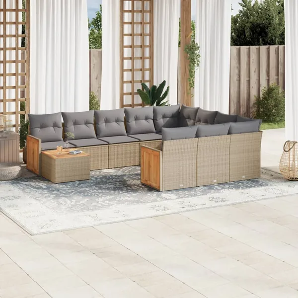 Salon de jardin 11 pcs avec coussins beige résine tressée