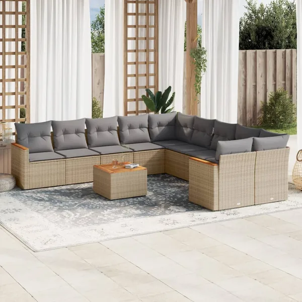Salon de jardin 11 pcs avec coussins beige résine tressée