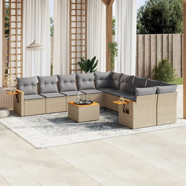 Salon de jardin 11 pcs avec coussins beige résine tressée