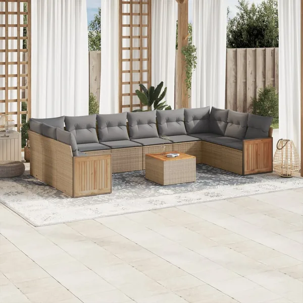 Salon de jardin 11 pcs avec coussins beige résine tressée